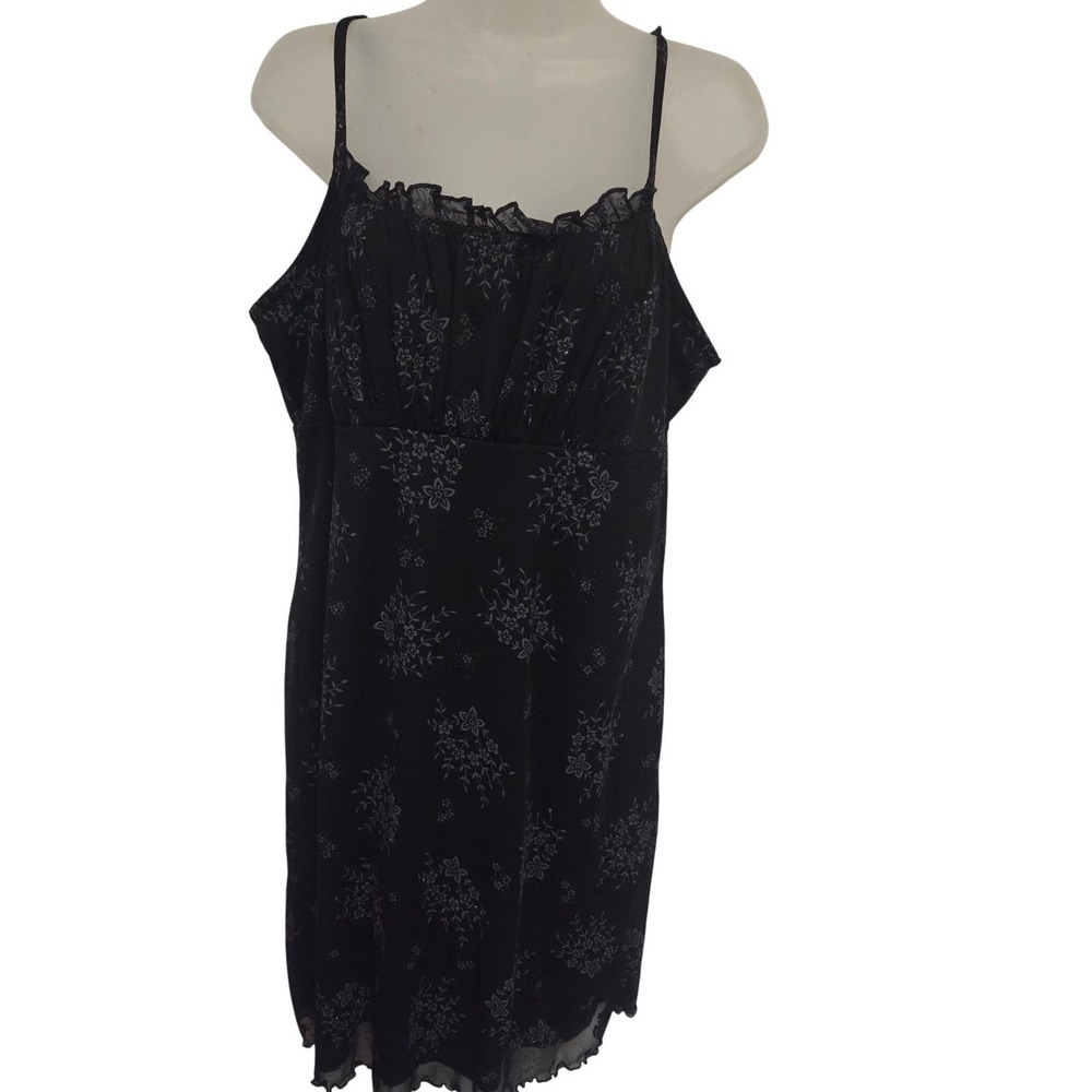 Vintage Y2K Black Floral Glitter Mesh Mini Dress Ruffle Neck‎ Lettuce Hem Small